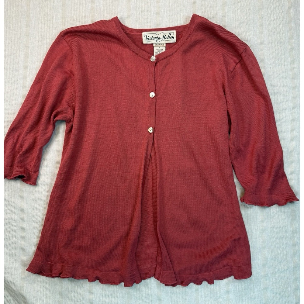 Womens 100% Silk‎ Cardigan Small Coral Ruffle Hem Lightweight Sweater Vintage